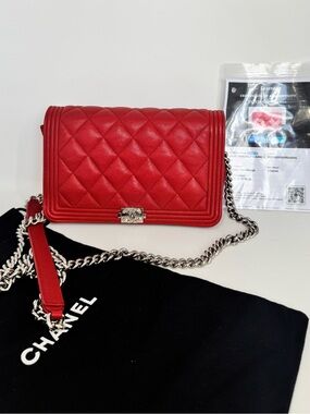 Authentic CHANEL Red Quilted Caviar Leather Boy Wallet on Chain